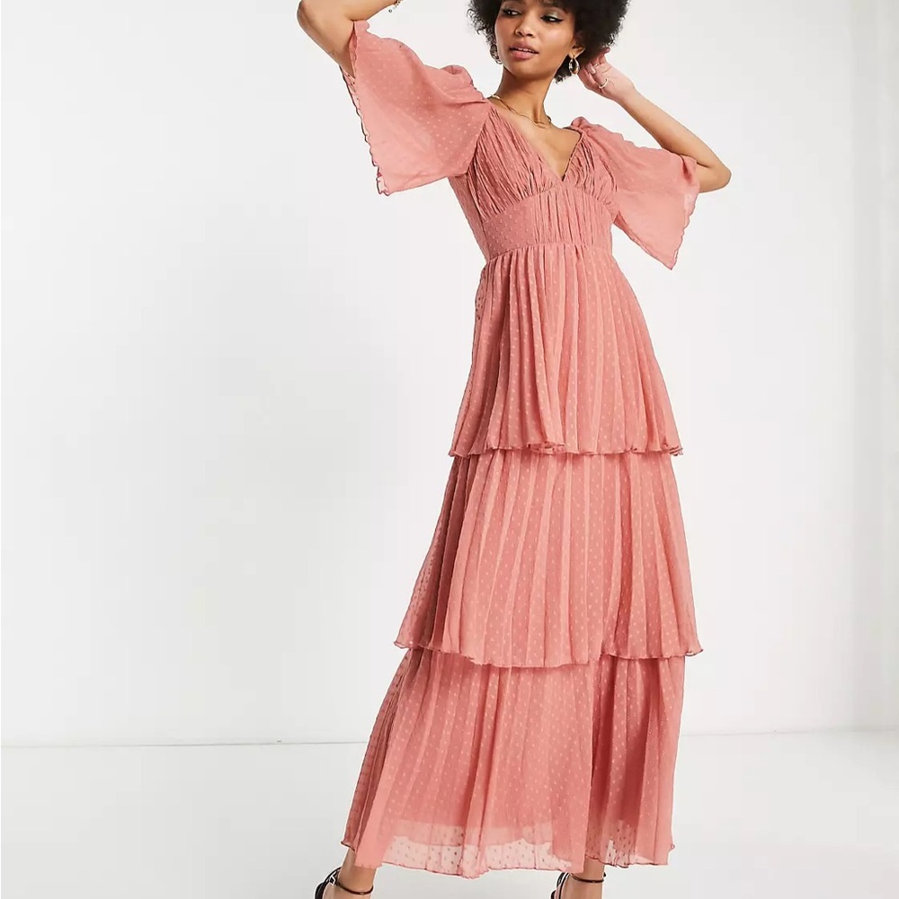 ASOS DESIGN Tall pleated textured midi dress with tiered skirt in deep rose